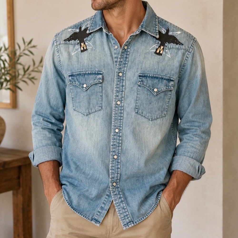 Vintage Polo Ralph Lauren Men Blue Denim Western Shirt Crow Bird Print Medium